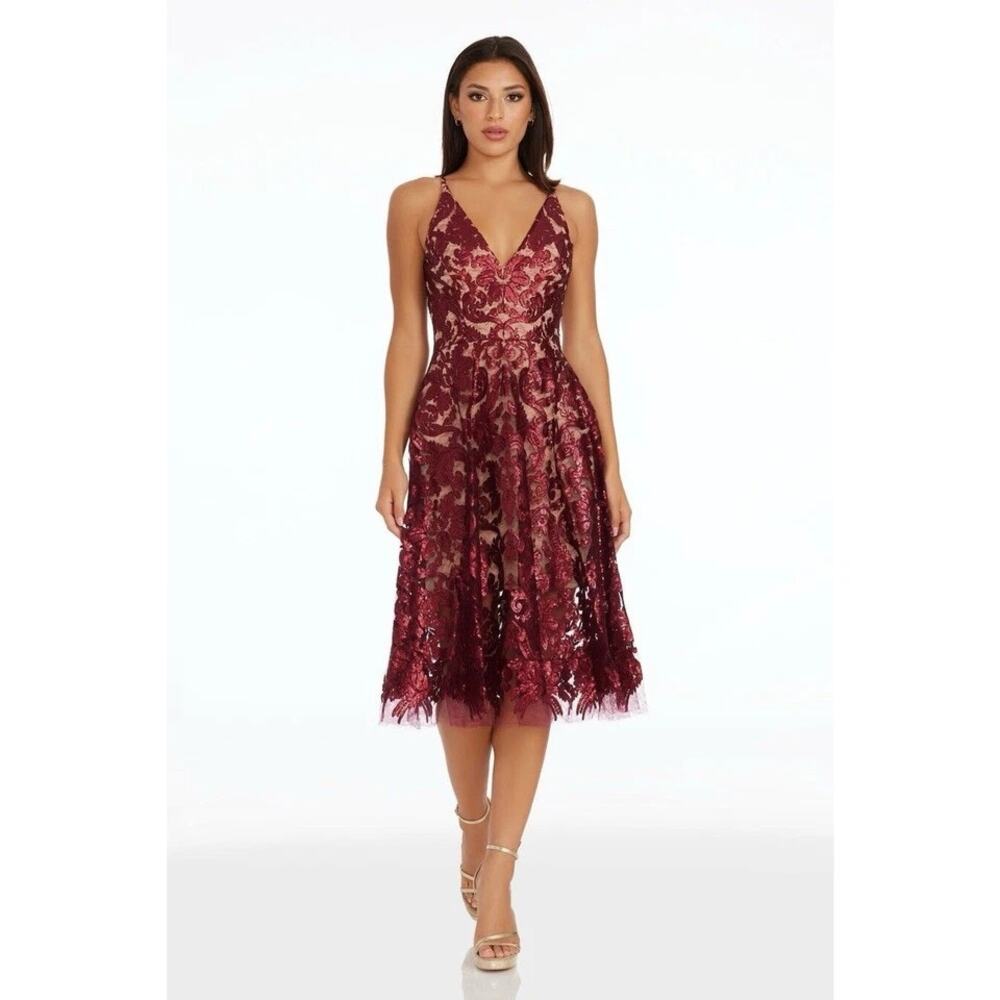 NWT Dress the Population Blair Red Berry Sequin Fit & Flare Cocktail Dress XS